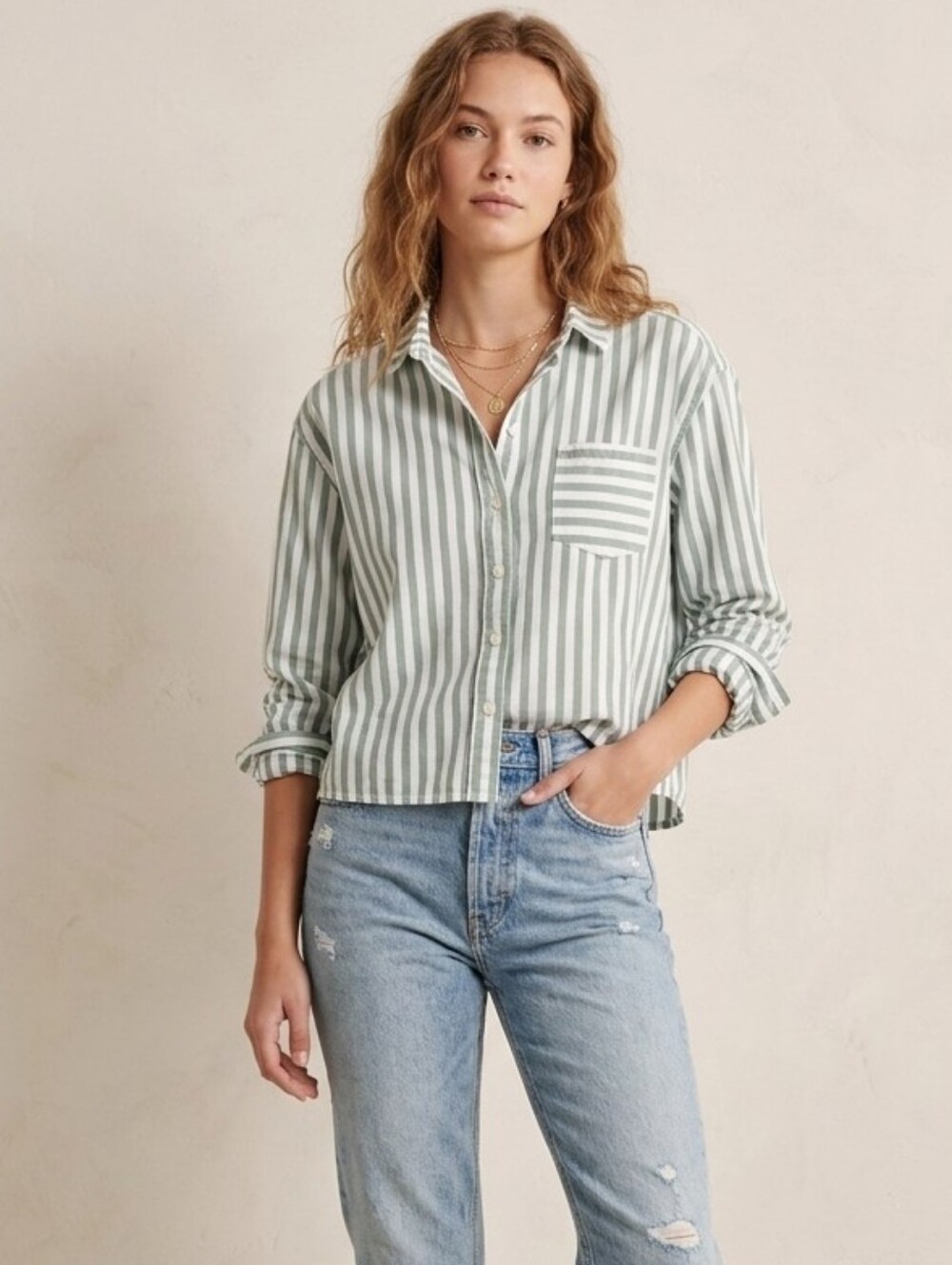 Abercrombie & Fitch Green & White Striped Relaxed Fit Shirt